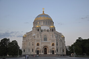 Kronstadt Naval Cathedral on Anchor Square at sunset