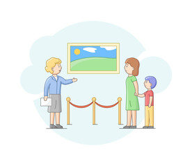 Modern Art Concept. Mother With Son Visit Art Gallery, Admire Of Exhibition. Woman And Boy Examine Creative Artworks, Art Objects And Museum Exhibit. Cartoon Linear Outline Flat Vector Illustration