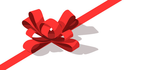Beautiful shiny red satin ribbon on white background in isometric. Vector red bow and red ribbon. Holiday decoration
