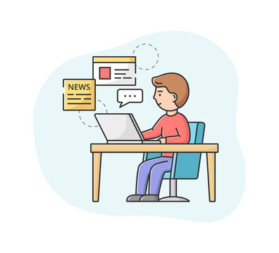 Breaking News Concept. Male Character Sitting At The Desk And Reading Fresh World News On Computer. Busy Man Monitoring Information In Social Media. Cartoon Linear Outline Flat Vector Illustration