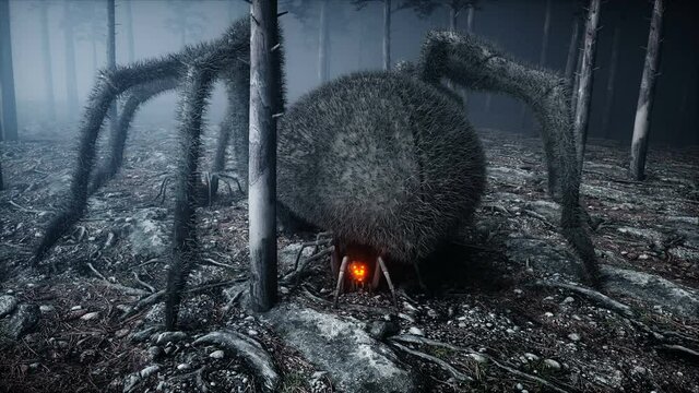 scary gigant spider in fog night forest. Fear and horror. Mistic and halloween concept. Realistic 4K animation.