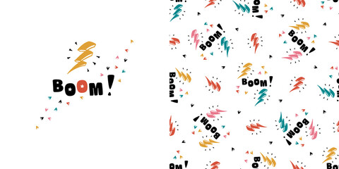 Boom Word and Lightning Bolt Signs with Triangles. T-shirt Print Design and Seamless Pattern for Kids Fashion. Geometric Vector Background with Doodle Thunderbolt. Poster and Wallpaper for Children
