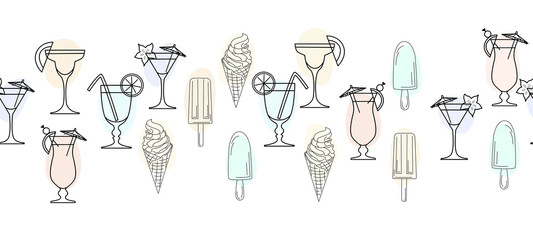 Seamless pattern with cocktails and ice cream on a white background. Design border of a summer party, for printing, Wallpaper.