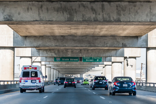 Oct 26, 2019 San Francisco / CA / USA - Travelling on a multilevel part of I-280 freeway towards downtown San Francisco;