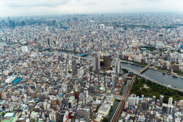 Fototapeta na wymiar Vista aérea de la ciudad de Tokio en día nublado sobre edificios