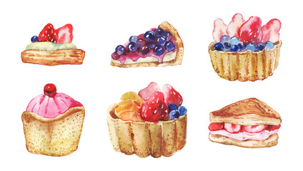 set of watercolor pastries with berries