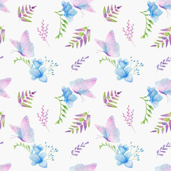 Seamless watercolor pattern with flowers, greenery and butterfly. Hand-painted background of freesia, fern, butterfly for textile, postcard, invitation. Hand drawn watercolor ornament.