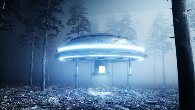 UFO in fog night forest. landing place. 4K animation.
