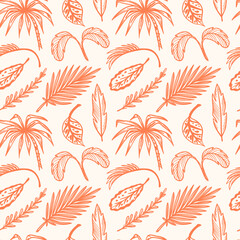 Fototapeta na wymiar Coral Color Tropical Palm Tree Leaves Vector Seamless Pattern. Hand Drawn Doodle Palm Leaf Sketch Drawing. Summer Floral Background. Tropical Plants Wallpaper 