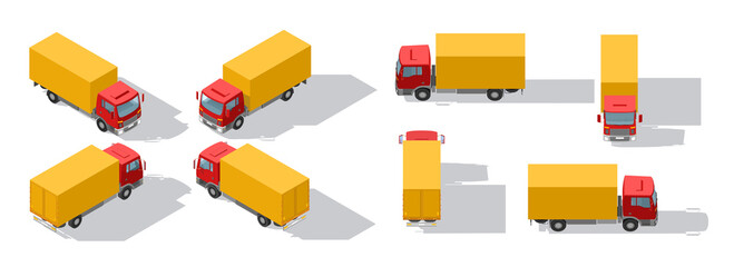 Truck transportation. Fast delivery or logistic transport. Easy colour change. Detailed trucks. Cargo delivering vehicle template vector isolated on white view Isometry front, back