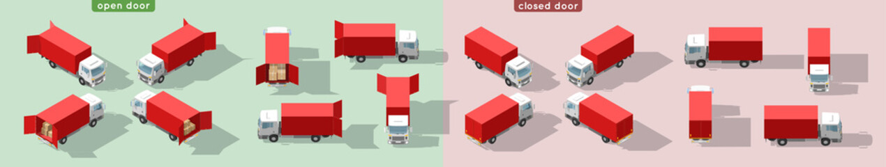 Truck transportation with open and closed door. Fast delivery or logistic transport. Easy colour change. Detailed trucks. Cargo delivering vehicle template vector isolated on white view Isometry