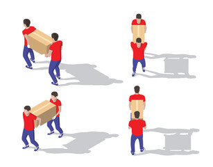 Isometric big set of delivery men in uniform holding boxes in different poses. Vector collection of delivery service workers. Detailed Fast delivery illustrations of people