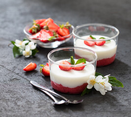 Cream berry dessert Panna cotta vanilla with strawberries in a glass Cup on a dark background