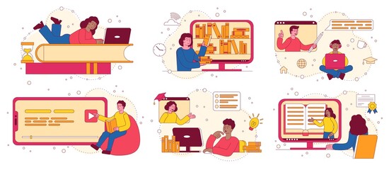 Online education, e-learning or distance learning concept with children watching webinars and lectures on computers and one student working on a stack of books, colored vector illustration