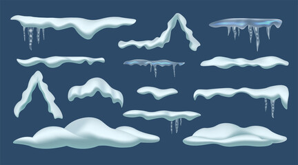 Variously shaped snow deposits, some with icicles, isolated on a cold blue winter background, colored vector illustration