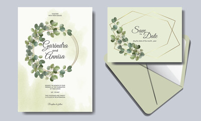 Eucalyptus  Wedding invitation card template set with beautiful floral leaves Premium Vector
