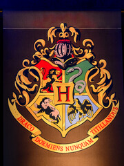 Fototapeta premium MADRID, SPAIN - NOV 22, 2017: Hogwarts school logo, Wizarding world of Harry Poter experience in Madrid, Spain
