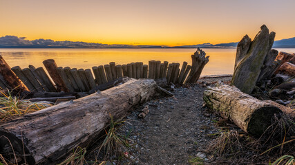 Golden sky from Goose Spit Park in Comox on Vancouver Island, British Columbia, Canada