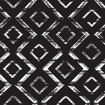 Rhombus Paint Brush Strokes Seamless pattern. Vector Abstract Grunge background. Black and white