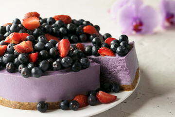 Summer berry vegan cheesecake without baking. Close-up.