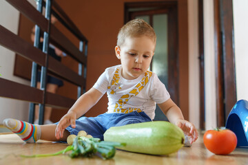 Fototapeta premium Front view on small caucasian boy sitting on the floor with vegetables - Little child playing with tomato onion and zucchini at home in hall - Childhood and growing up concept
