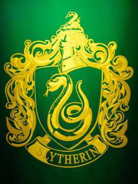 MADRID, SPAIN - NOV 22, 2017: Slytherin symbol, Wizarding world of Harry Poter experience in Madrid, Spain