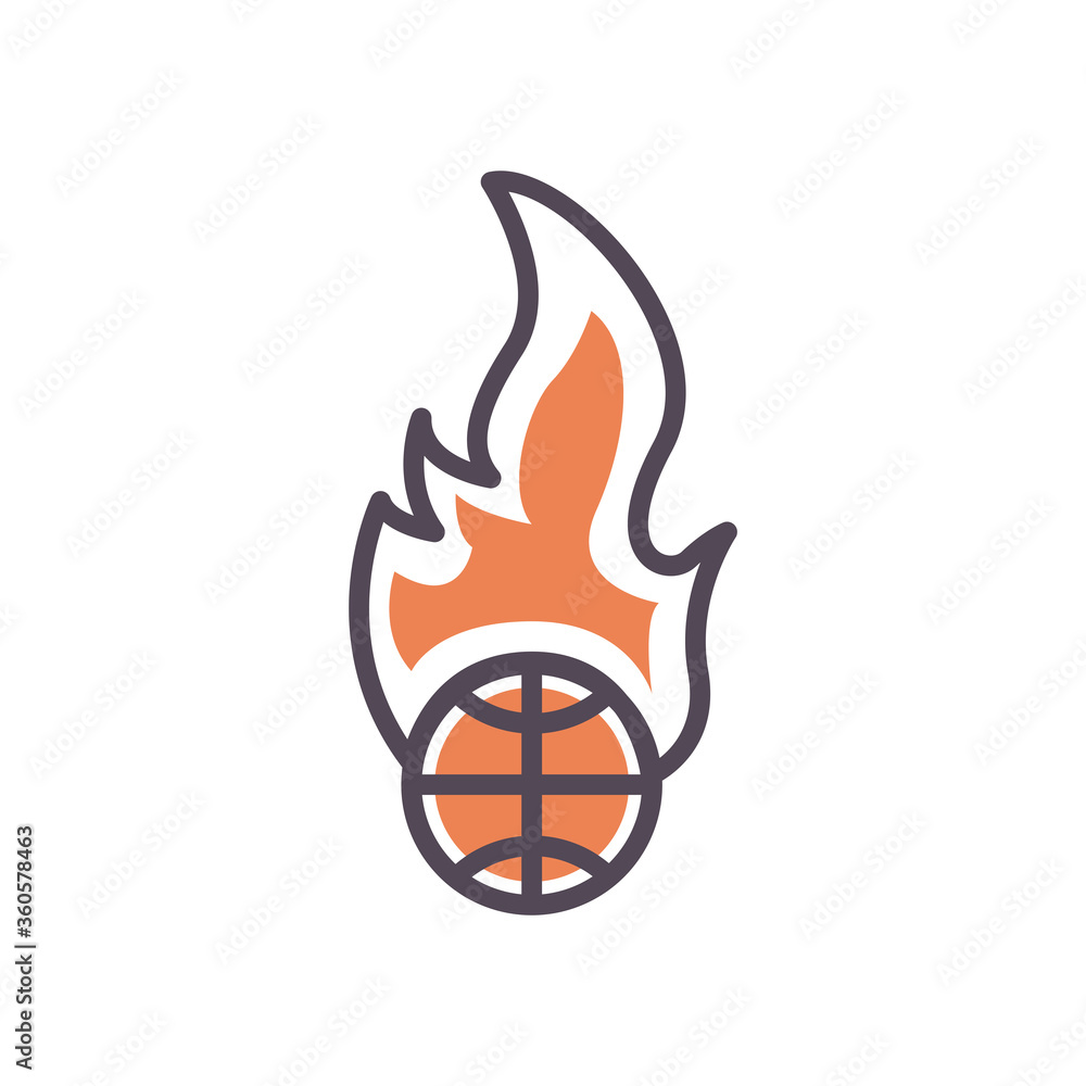 Poster ball with flame of basketball line and fill style icon vector design