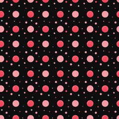 Polka dots Seamless pattern, dotted fabric texture Pink red colorful on black retro style background for kids blog, web design, scrapbooks, party or baby shower invitations and wedding cards.