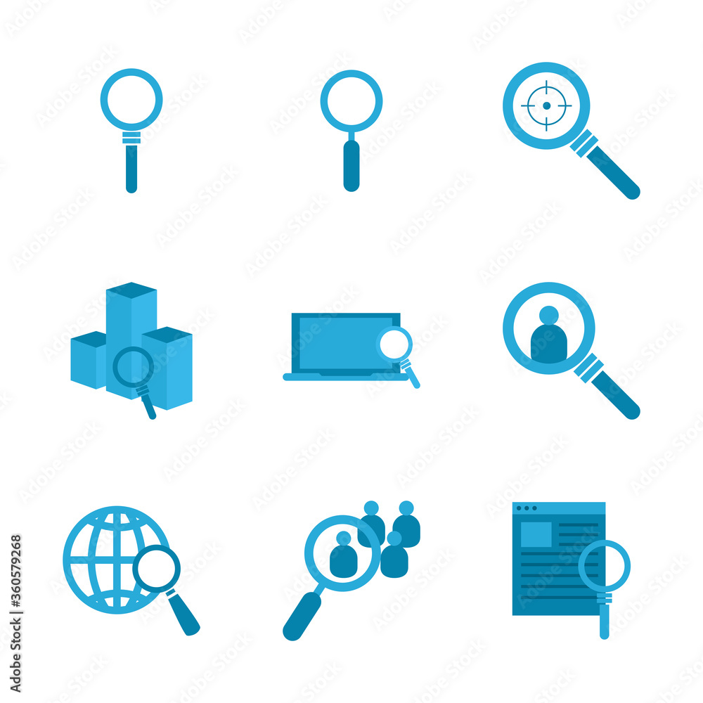 Poster searching lupes flat style icon set vector design