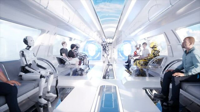 3d people and robots. Futuristic monorail transport. Concept of future. Realistic 4K animation.