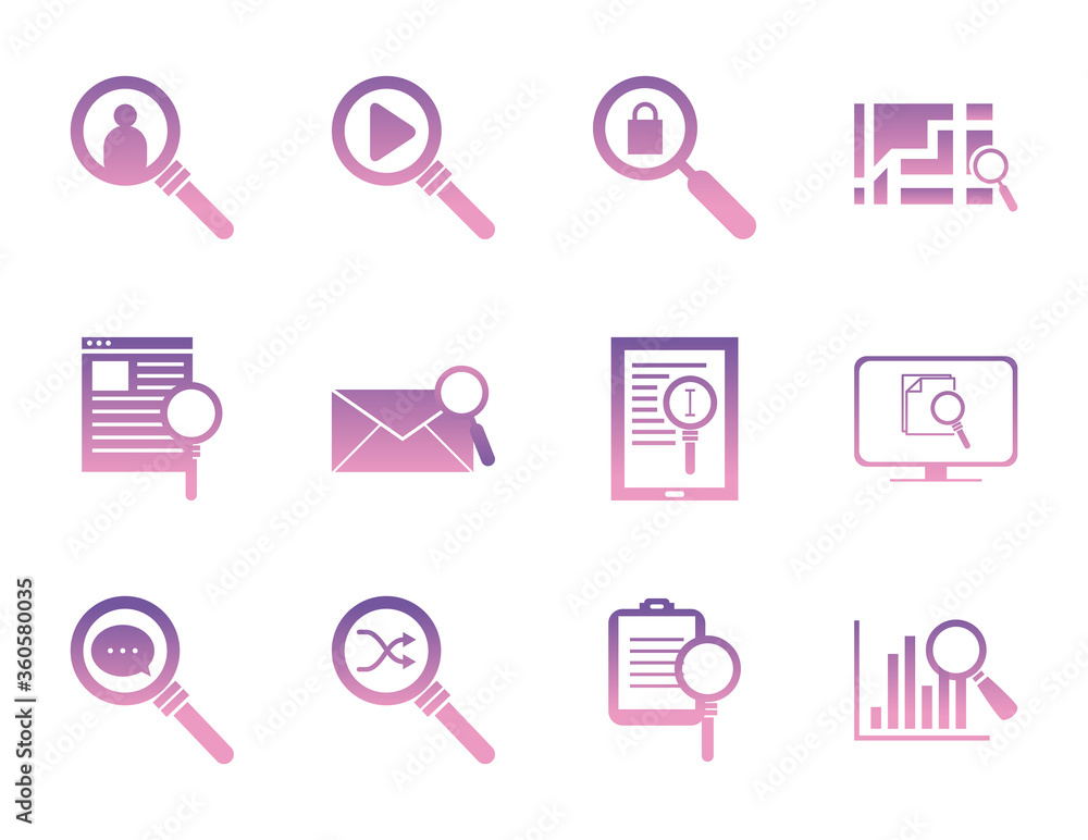 Aufkleber searching lupes gradient style icon set vector design