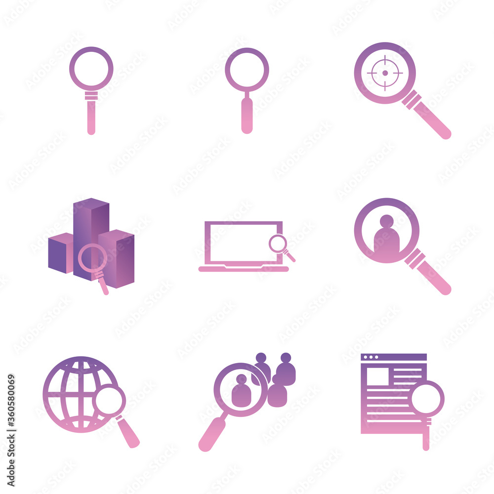 Aufkleber searching lupes gradient style icon set vector design