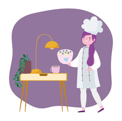 stay at home, female chef with dessert in food cartoon, quarantine activities