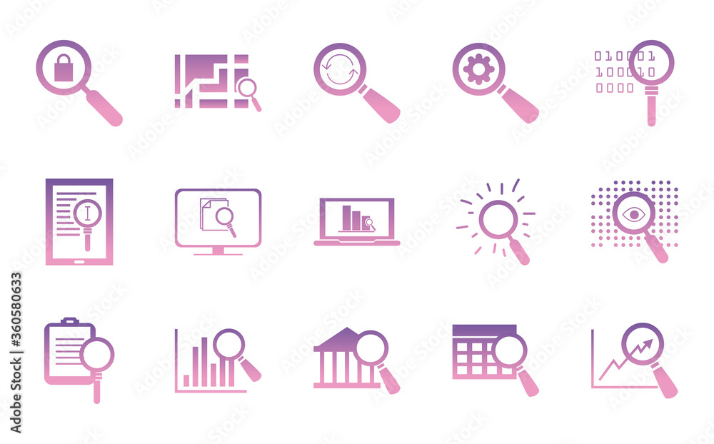 Aufkleber searching lupes gradient style icon set vector design