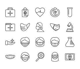 magnifying glass and medical care icon set, line style