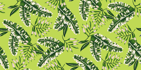 Tropical vector green leaves seamless pattern green background. Exotic wallpaper