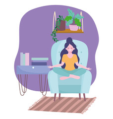 stay at home, girl in yoga pose on chair with books and plants, self isolation, activities in quarantine for coronavirus