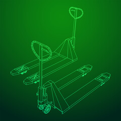 Hand pallet jack lift. Manual forklift. Logistics shipping concept. Wireframe low poly mesh vector illustration.
