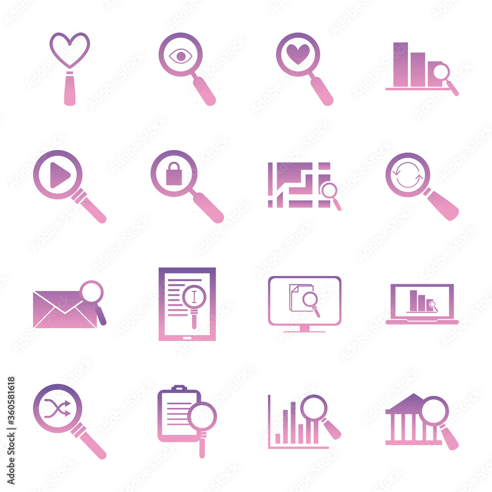 Aufkleber searching lupes gradient style icon set vector design