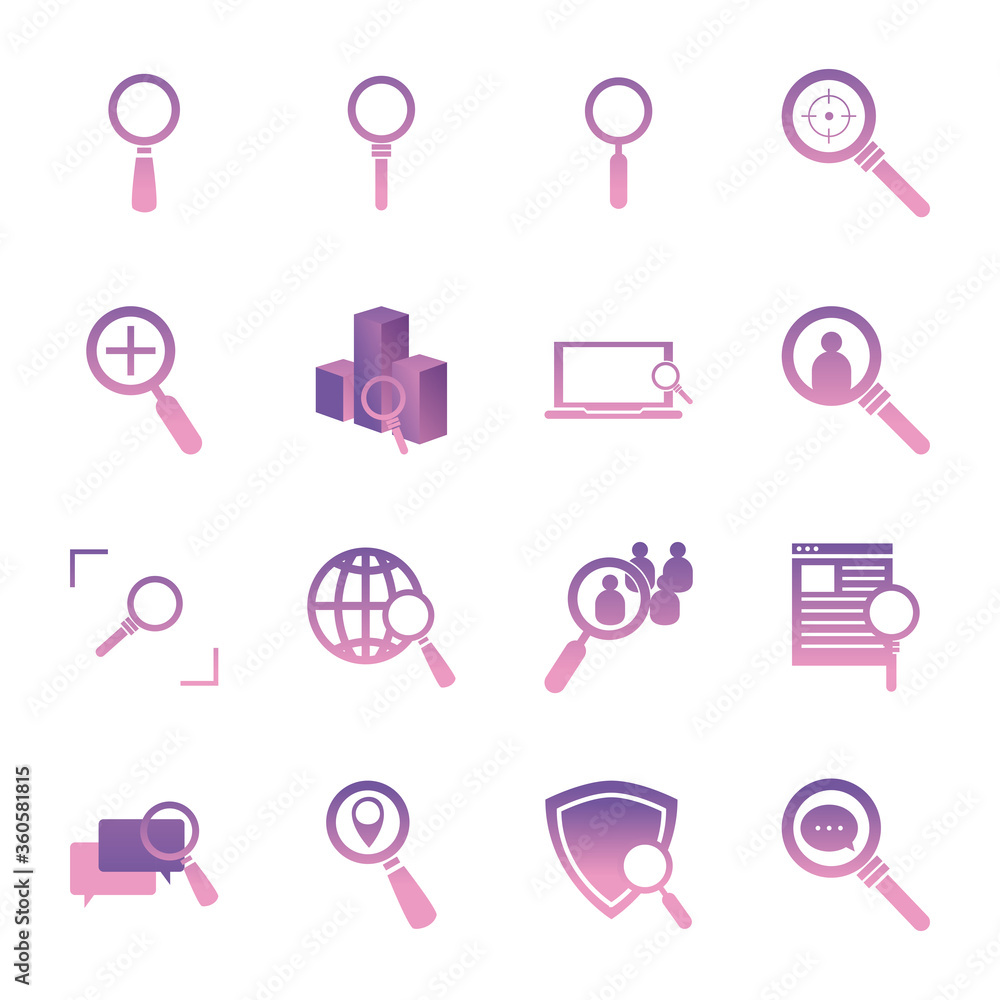 Poster searching lupes gradient style icon set vector design