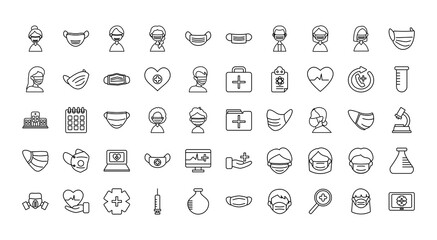 medical mask and medical icon set, line style