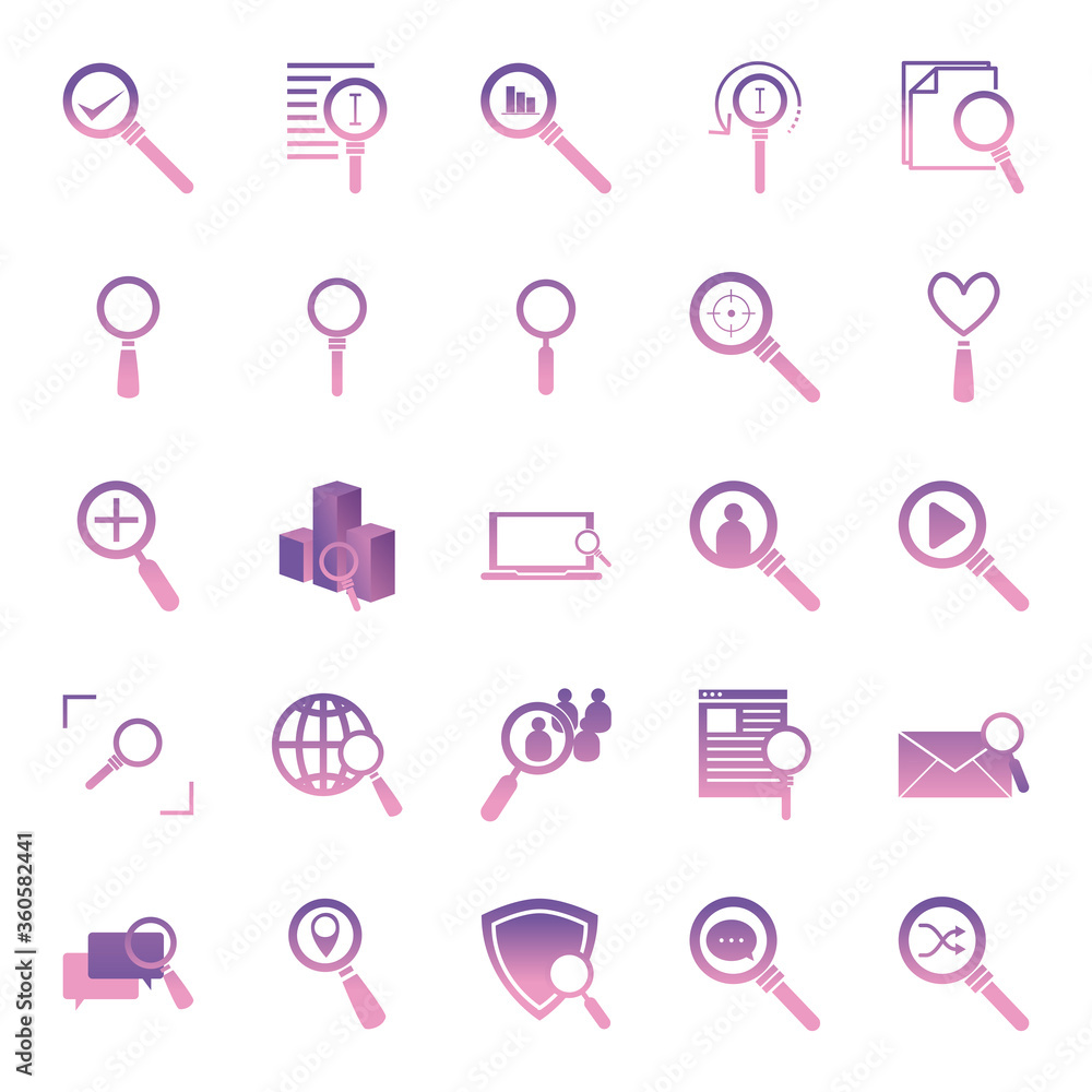 Aufkleber searching lupes gradient style icon set vector design