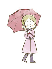 傘をさしているシニア女性-水彩