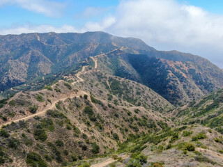 Fototapeta na wymiar Aerial view of hiking trails on the top of Santa Catalina Island mountains. California, USA