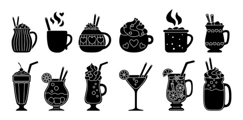 Drink summer flat silhouette set. Black glyph cartoon beverages hot, fresh. Cute mugs cocoa, coffee milk, cream and mulled wine, alcohol. Party drinks decorated candy, marshmallow. Vector illustration