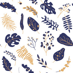 Tropical leaves gold dark blue seamless pattern. Abstract exotic floral flat cartoon elements limitless background with botany sign. Repeat ornament for paper wrap, fabric, print. Vector illustration