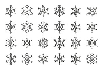 Snowflakes black line set. Different shape outline winter ice crystal. Christmas ornament symbol. Decorative template snow for event information card on New Year. Isolated on white vector illustration