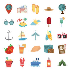 summer travel and vacation in flat style isolated icons set