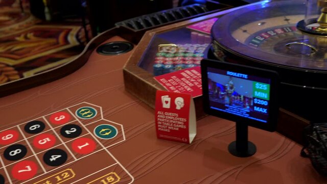 This panning video shows an empty roulette gambling casino table.