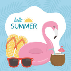 summer travel and vacation float flamingo sandals sunglasses and cocktail